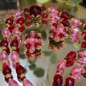 Vintage West Germany Beaded Double Strand Necklace & Earring Set Red Pink Signed